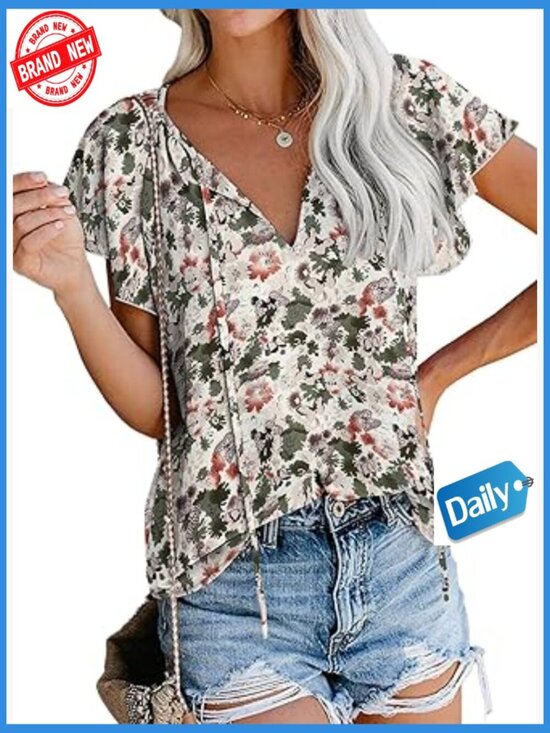 Tops - Boho Floral V-Neck Blouse, Short Sleeve Summer Top, Loose Fit